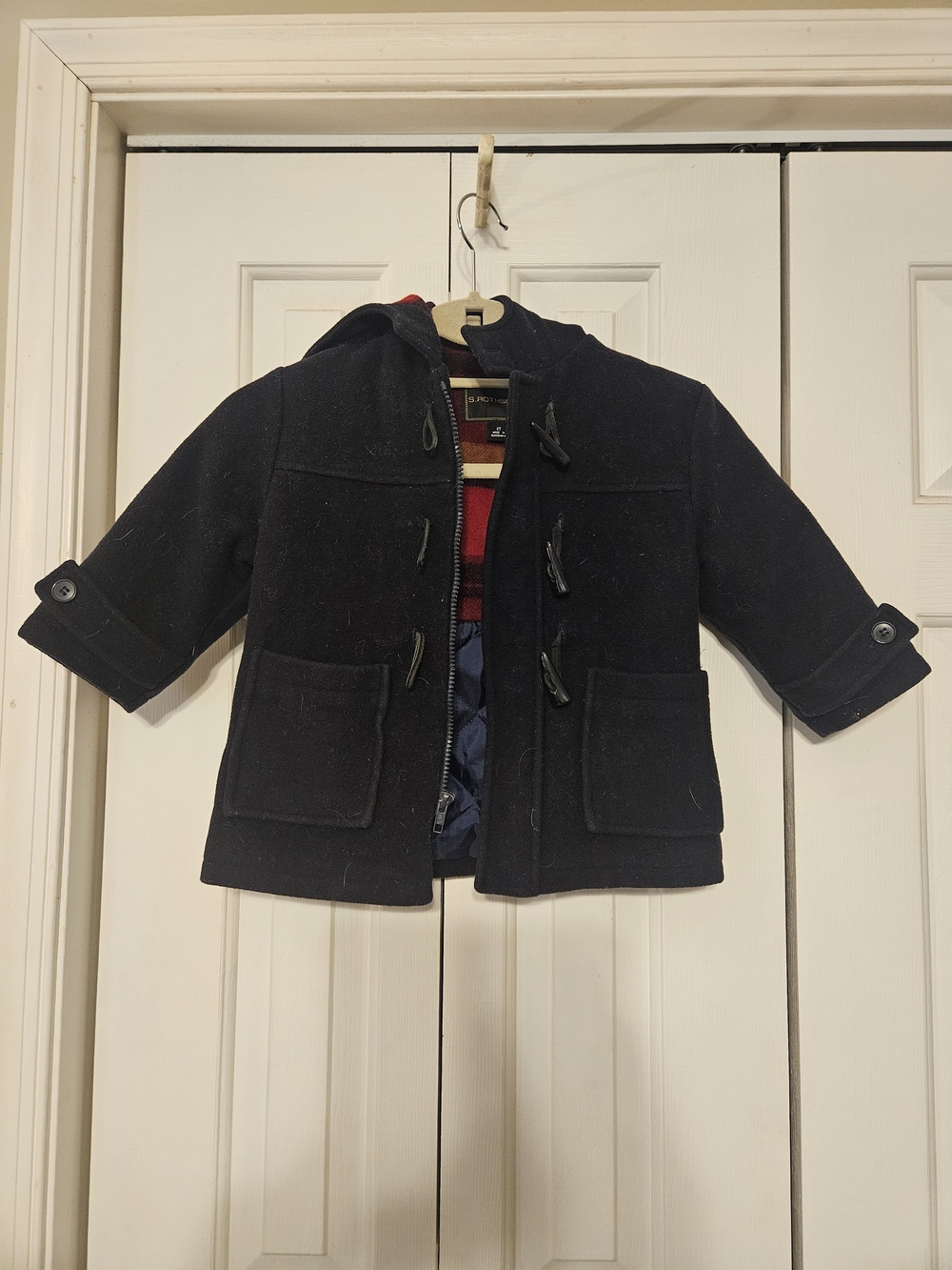 S. Rothschild Boys 2T Navy Blue Hooded Toggle Duffle Coat Plaid Lined